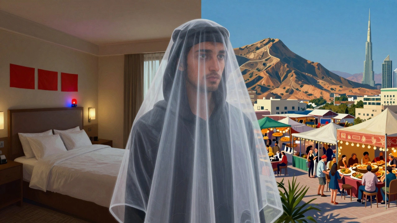 A symbolic split scene: danger on one side, vibrant cultural experiences on the other.