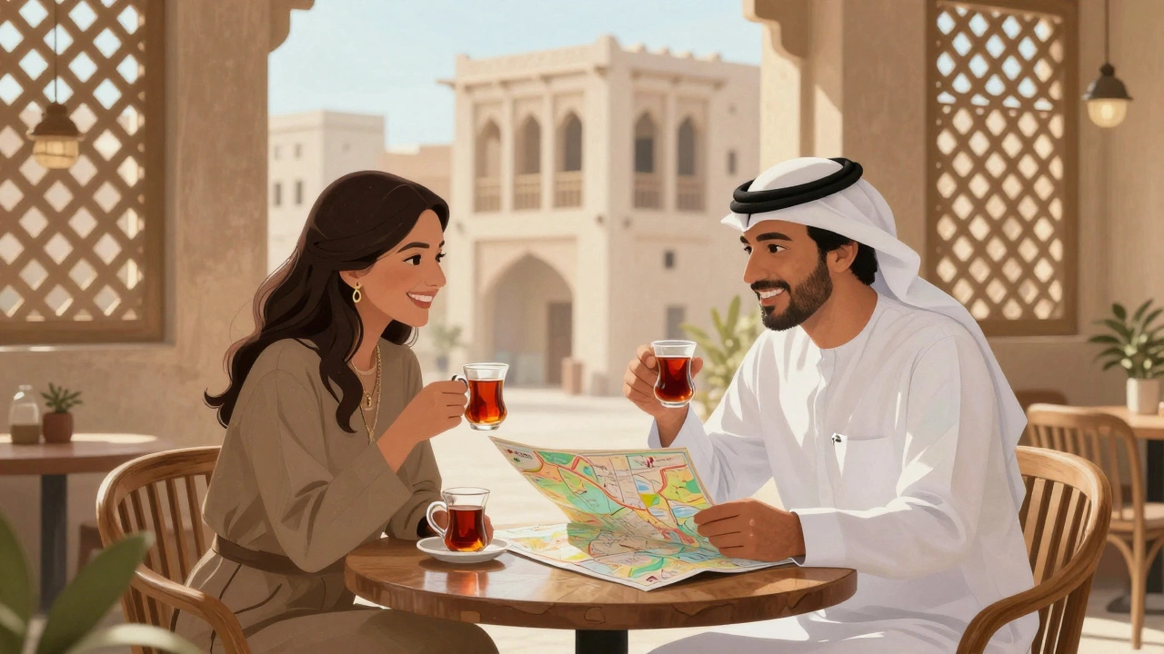 Two people share tea at a traditional Emirati café, laughing over a map in soft sunlight.